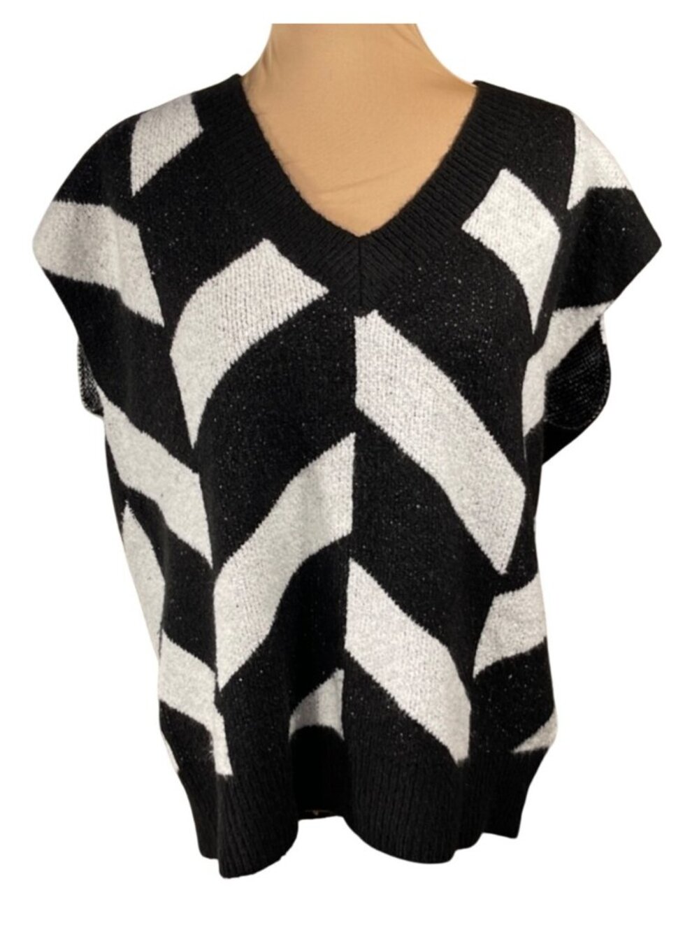 RD Style Sweater Vest Size L Large Black White Grey V-Neck Cap Sleeve